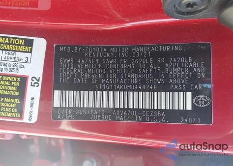 2021 Toyota Camry Se from USA, damaged, VIN 4T1G11AK0MU448248